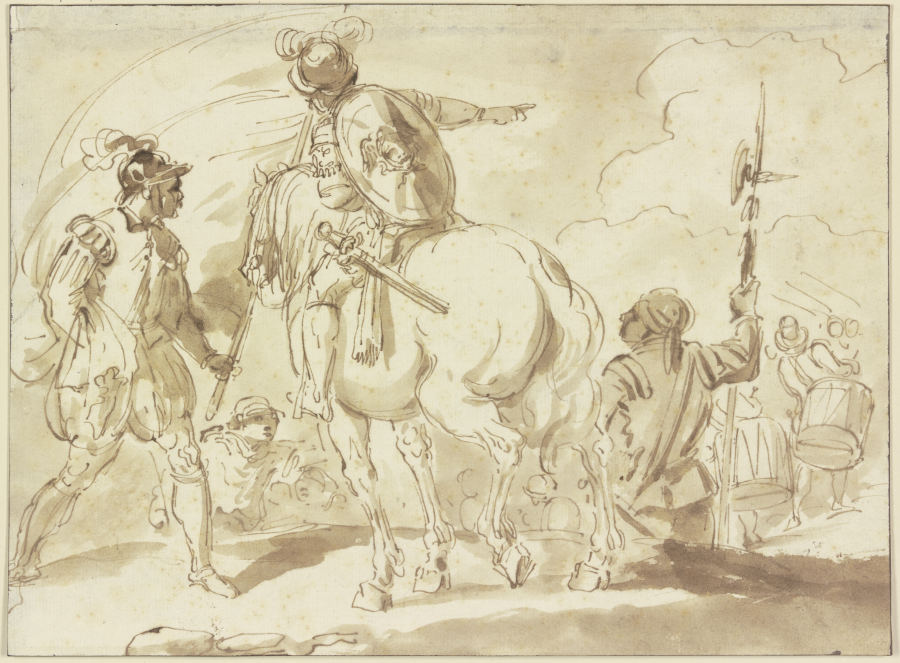 Ein Fahnenträger, ein Reiter und ein Helebardier, in der Ferne zwei Trommler from Pietro Palmieri d. Ä.