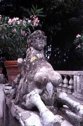 Garden ornament in the form of a sphinx, designed