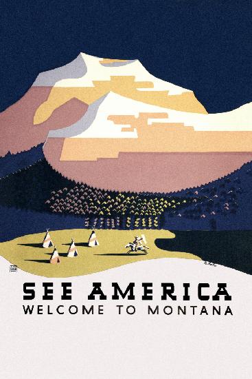 Siehe Amerika. Willkommen in Montana (1936) Reiseplakat von Richard Halls