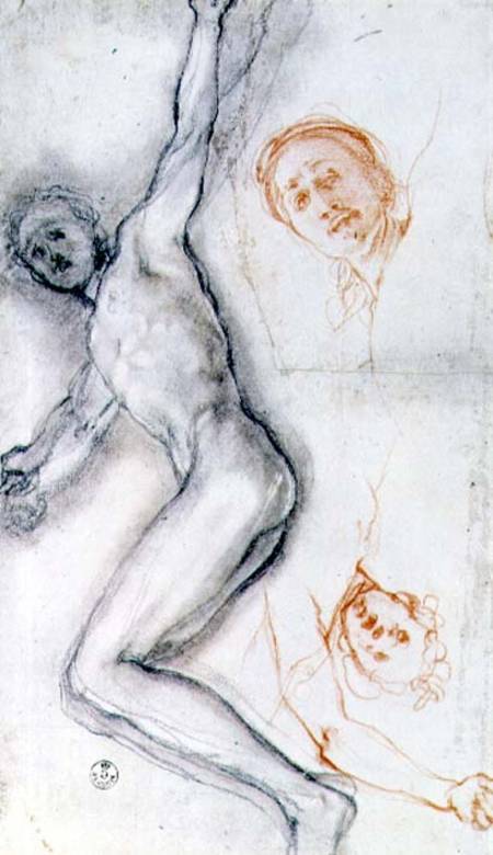 Study of Christ nailed to the cross, the head rehearsed twice (black and red from Pontormo,Jacopo Carucci da