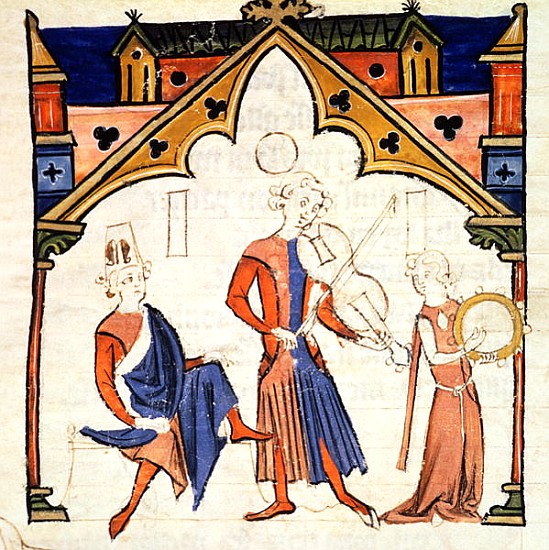 Fol.6r Musicians Playing a Viola and a Tambourine, from the ''Chansonnier des Nobles'' from Portuguese School