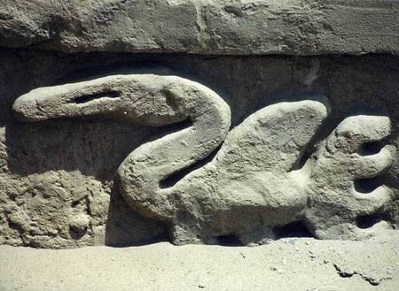 Bird design on one of the walls inside the ruined pre-Inca city, built by the Chimu from Pre-Columbian