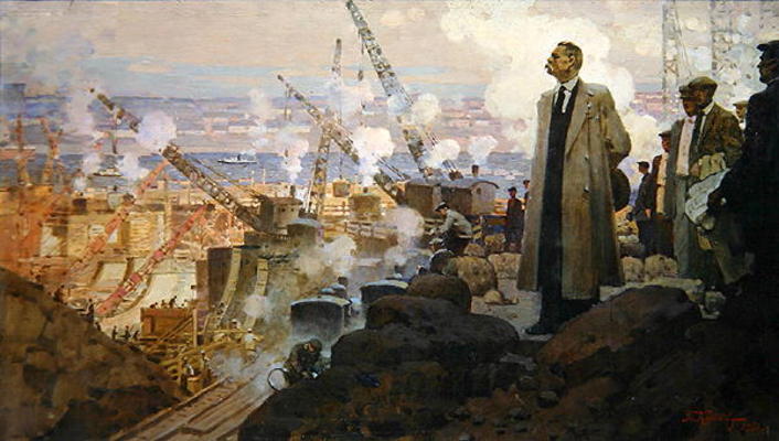 Maxim Gorky (1868-1936) at the Building of the Hydroelectric Power Plant 'DnieproGES', 1951 (oil on from Pyotr Ivanovich Kotov