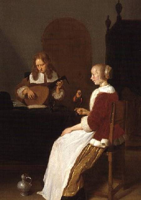 An interior with a lute player and a woman holding a parrot from Quiringh Gerritsz. van Brekelenkam