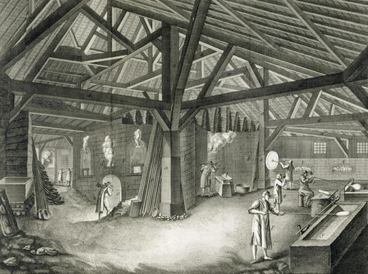 Glassmaking factory, from the 'Encyclopedia' by Denis Diderot (1713-84), engraved by Robert Benard ( from Radel