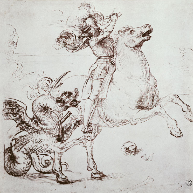 St. George and the Dragon (pen & ink on paper) from (Raffael) Raffaello Santi