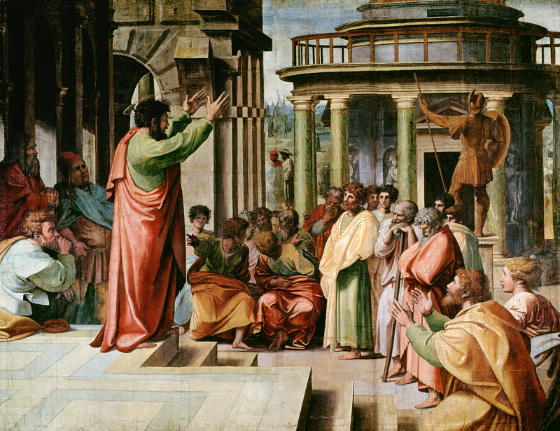 St. Paul Preaching at Athens (cartoon for the Sistine Chapel) (PRE RESTORATION) from (Raffael) Raffaello Santi