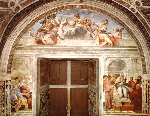 The Judicial Virtues: Pope Gregory IX approving the Vatical Decretals; Justinian handing the Pandect from (Raffael) Raffaello Santi