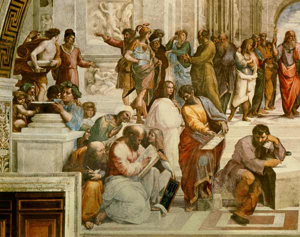 The School of Athens, detail from the left hand side showing Pythagoras surrounded by students and M from (Raffael) Raffaello Santi