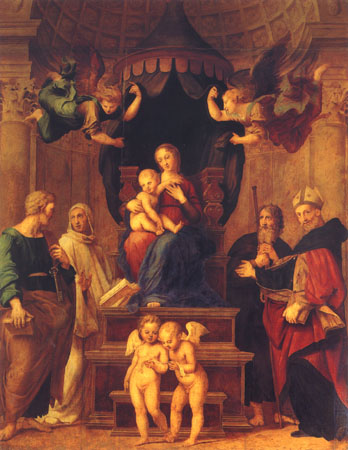Thronende Madonna mit Kind, vier Heiligen und vier Engeln from (Raffael) Raffaello Santi