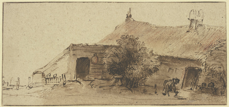 Bauernhaus, davor ein Baum und eine sich bückende Figur from Rembrandt van Rijn