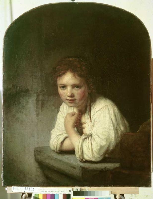 Mädchen, sich auf eine Fensterbrüstung lehnend from Rembrandt van Rijn