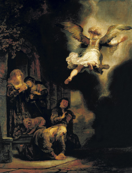 Der Erzengel Raphael verlässt die Familie des Tobias. from Rembrandt van Rijn