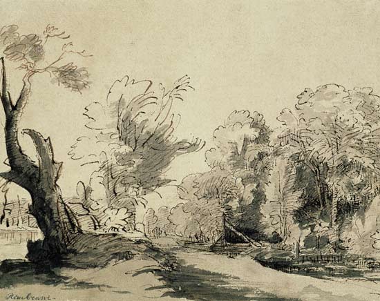 Landscape with a path, an almost dead tree on the left and a footbridge leading to a farm on the rig from Rembrandt van Rijn