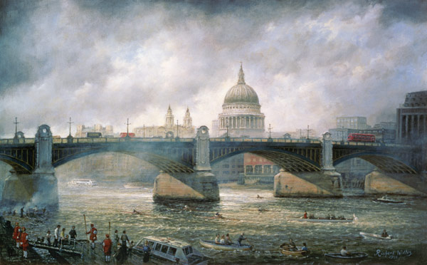 St. Pauls Cathedral from the Southwark Bank, Doggett Coat and Badge Race in Progress from Richard  Willis