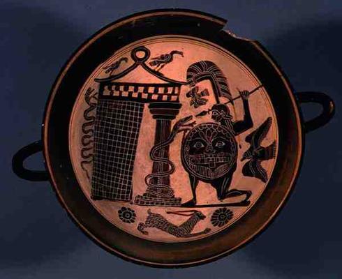 Laconian black-figure cup depicting a warrior attacking a snake, 6th century BC (pottery) from Rider Painter