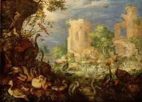 Exotische Vögel in einer Landschaft mit Teich und Ruinen mit der Entführung des Ganymed