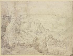 Gebirgslandschaft mit einem Tal, in Mittelgrund ein Bergschloss, links hohe Tannen