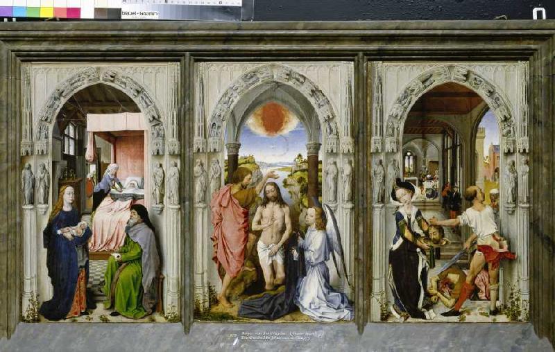 Dreiteiliger Altar mit Szenen aus der Geschichte Johannes d.Täufers. from Rogier van der Weyden (Nachfolger)