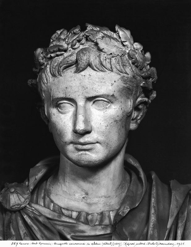 Head of Emperor Augustus (63 BC-14 AD) crowned with an oak wreath  (detail) from Roman
