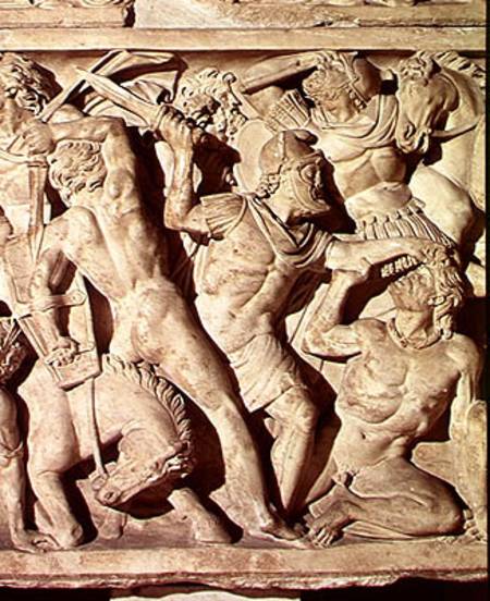 Detail of a sarcophagus depicting a battle between Romans and Galatians from Roman