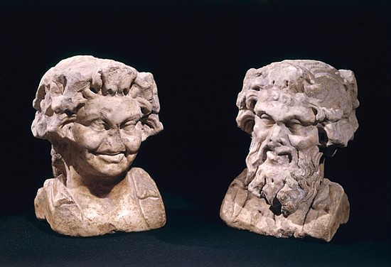 Head of Bacchus and a satyr from a hermatic pillar from Roman