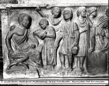 Relief depicting a boy reading to his teacher, detail from the Sarcophagus of the Conclamation from Roman