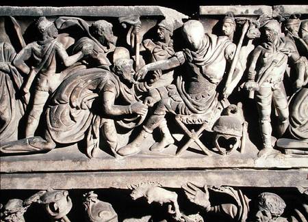 Relief from a sarcophagus depicting the submission of a barbarian to a Roman general from Roman