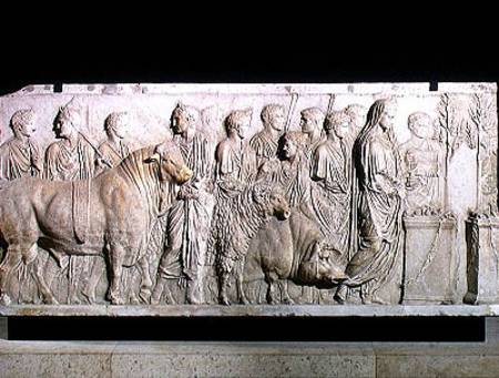 Sacrifice of a bull, a ram and a pig in honour of the God mars, frieze from the Altar of Domitius Ah from Roman