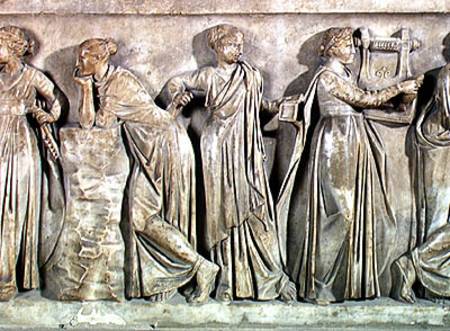 Sarcophagus of the Muses, detail depicting Calliope, Polyhymnia and Terpsichore from Roman