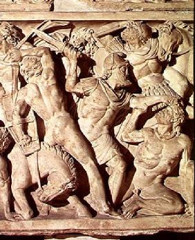 Detail of a sarcophagus depicting a battle between Romans and Galatians