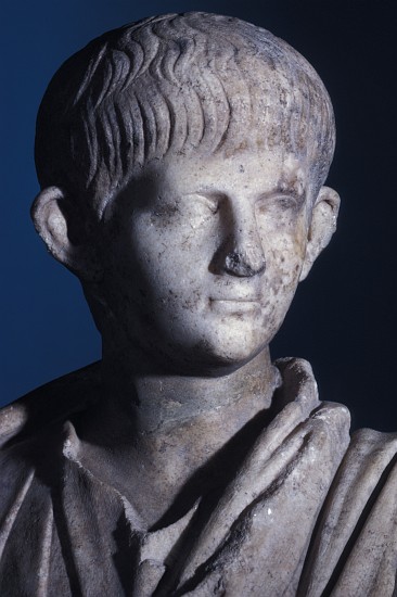 Togate statue of the young Nero, front view of the head from Roman
