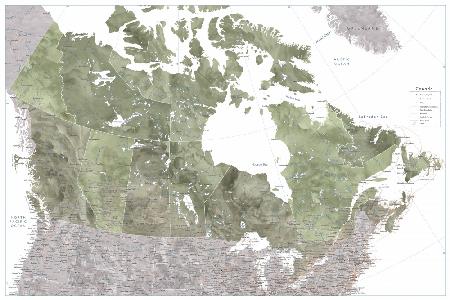 Detaillierte Karte von Kanada in grünem Aquarell