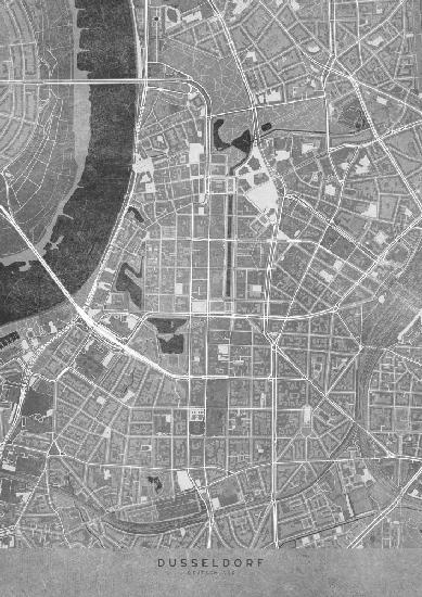 Graue Vintage-Karte der Düsseldorfer Innenstadt