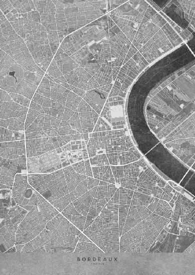 Graue Vintage-Karte der Innenstadt von Bordeaux in Frankreich