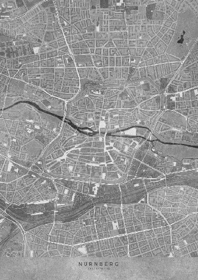 Graue Vintage-Karte der Innenstadt von Nürnberg