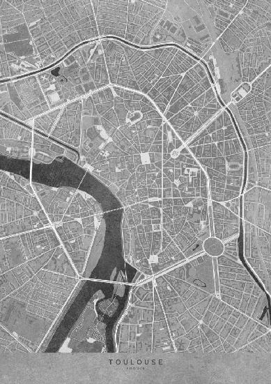 Graue Vintage-Karte der Innenstadt von Toulouse in Frankreich