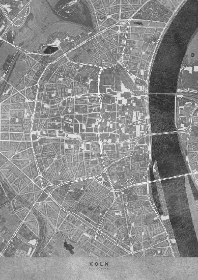 Graue Vintage-Karte der Kölner Innenstadt von Deutschland