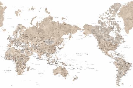 Pazifikzentrierte Weltkarte in Taupe