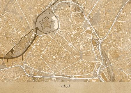 Sepia-Vintage-Karte der Innenstadt von Lille in Frankreich