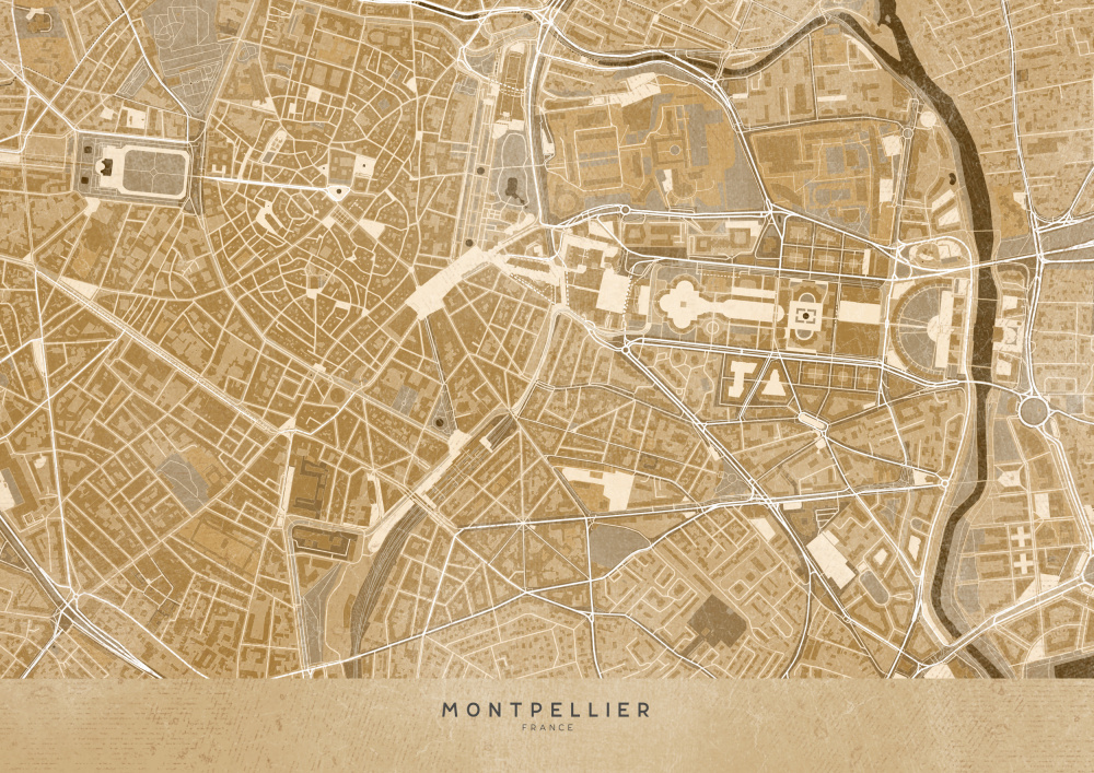 Sepia-Vintage-Karte der Innenstadt von Montpellier in Frankreich from Rosana Laiz Blursbyai