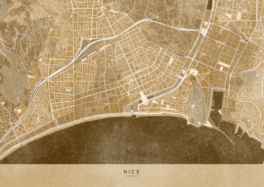 Sepia-Vintage-Karte der Innenstadt von Nizza in Frankreich from Rosana Laiz Blursbyai