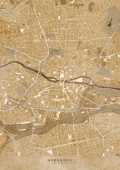 Sepia-Vintage-Karte der Innenstadt von Nürnberg