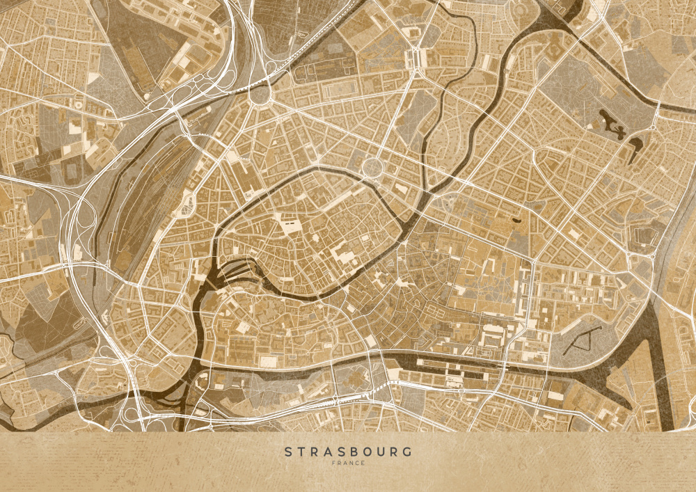 Sepia-Vintage-Karte der Innenstadt von Straßburg in Frankreich from Rosana Laiz Blursbyai