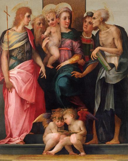 Thronende Maria mit Kind und den Heiligen Johannes dem Täufer, Antonius Abbas, Stephan und Hieronymu