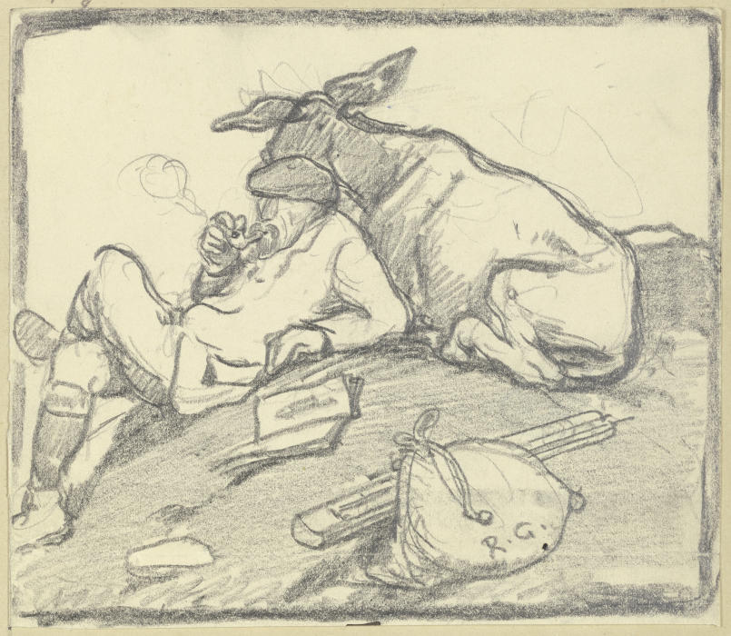 Ein Pfeife rauchender Mann auf einem Hügel rastend, angelehnt an einen Esel from Rudolf Gudden