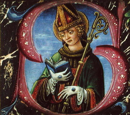 Historiated initial 'S' depicting a Bishop Saint, c.1470 (vellum) from Russi Francesco di Giovanni de