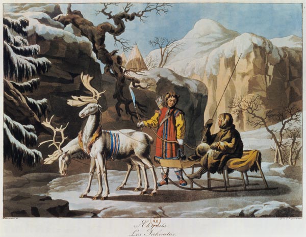 Yakuts of central Siberia in winter landscape, clad in furs and with a reindeer sledge from Russian School