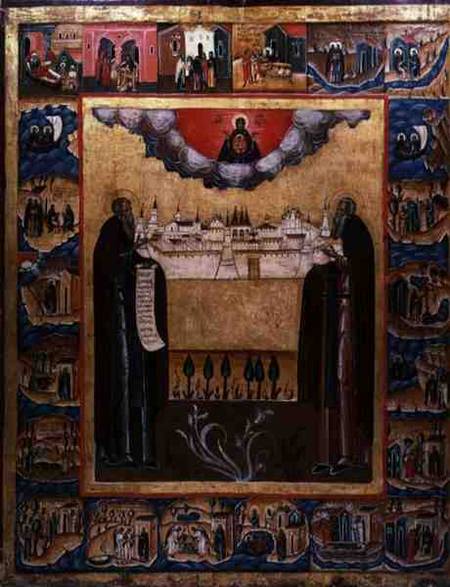 Saints Zosimus and Sabbatheus of Solovetsk with scenes from their lives from Russian School
