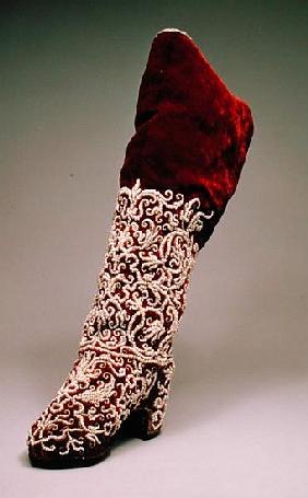 Lady''s boot, 1650-1700 (leather and velvet with pearls)